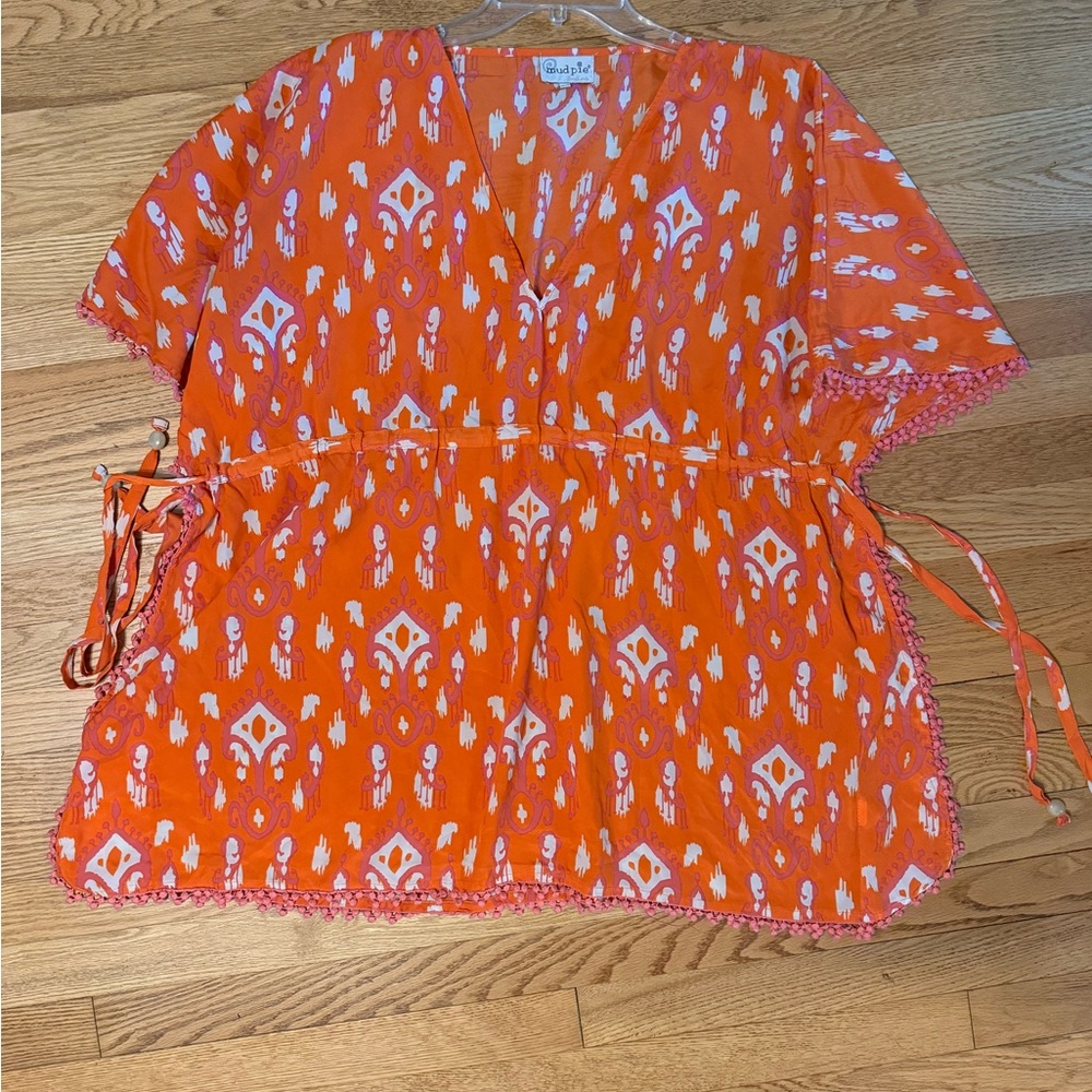 Mud pie beach coverup Orange / pink with pom-pom trim adjustable drawstring L/XL